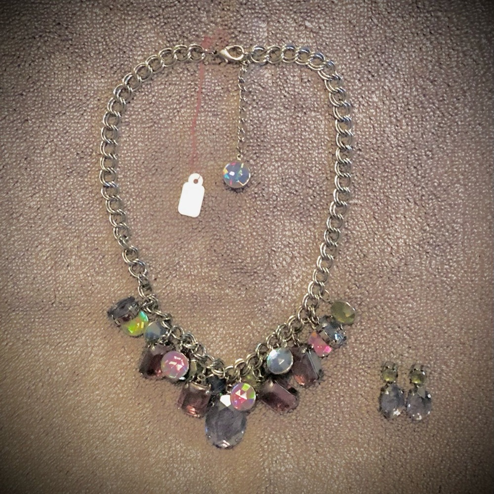 Faux Amethyst, Emerald & Zultanite Gems w/Gun Metal Chain Necklace & Earrings